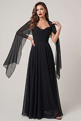 Straplez Yaka Şifon Abiye Elbise Siyah - DANS LİFE