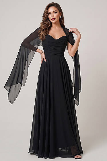 Straplez Yaka Şifon Abiye Elbise Siyah - Kadın Giyim Modelleri