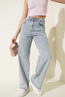 Su Yolu Taş Detaylı Kot Pantolon Açık Kar - ZARX JNS