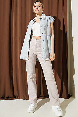 Su Yolu Taşlı Gabardin Kot Pantolon Bej - Kadın Giyim Modelleri