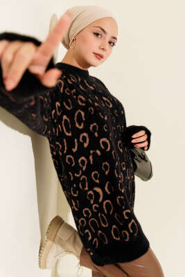 Leopar Desenli Sakallı Tunik Siyah Camel 