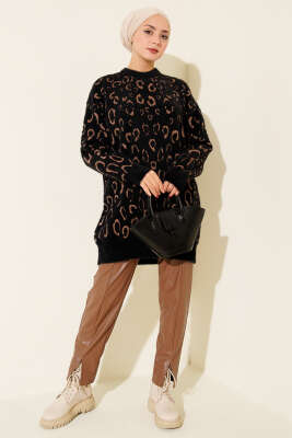 Leopar Desenli Sakallı Tunik Siyah Camel - Tunik