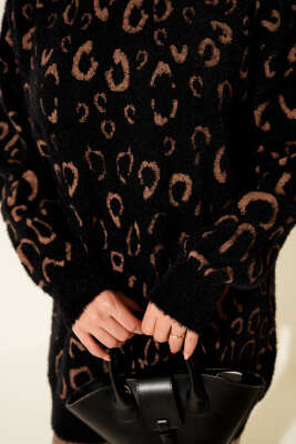 Leopar Desenli Sakallı Tunik Siyah Camel - Tunik