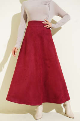 Süet Bel Fermuarlı Çan Etek Bordo - VAV TEKSTİL