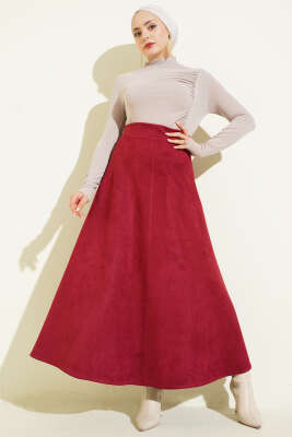 Süet Bel Fermuarlı Çan Etek Bordo - Etek