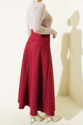 Süet Bel Fermuarlı Çan Etek Bordo - Etek