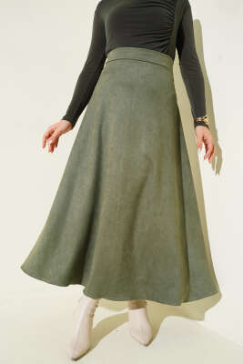 Süet Bel Fermuarlı Çan Etek Haki - VAV TEKSTİL