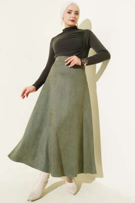 Süet Bel Fermuarlı Çan Etek Haki - Etek