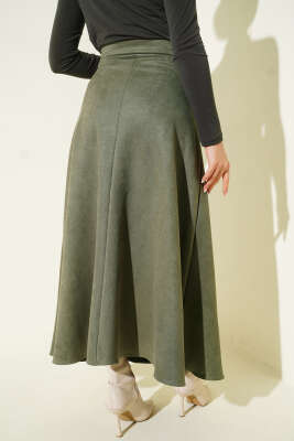Süet Bel Fermuarlı Çan Etek Haki - Etek