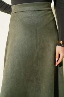 Süet Bel Fermuarlı Çan Etek Haki - Etek