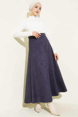 Süet Bel Fermuarlı Çan Etek Lacivert - Etek