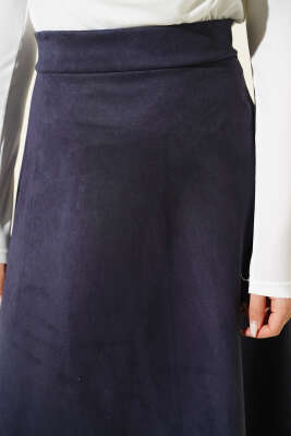 Süet Bel Fermuarlı Çan Etek Lacivert - Etek