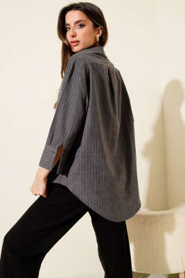 Süet Çizgili Gömlek Füme - Kadın Giyim Modelleri