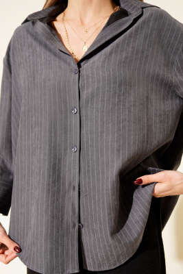 Süet Çizgili Gömlek Füme - Kadın Giyim Modelleri