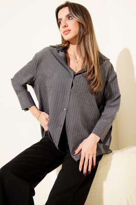 Süet Çizgili Gömlek Füme - Kadın Giyim Modelleri