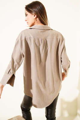 Süet Çizgili Gömlek Vizon - Kadın Giyim Modelleri