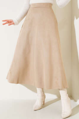 Süet Mevlana Etek Bej - Uzun Etek