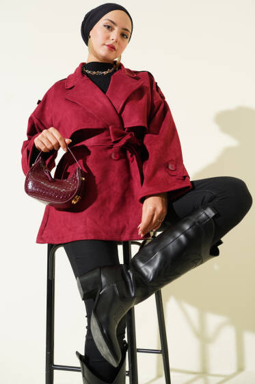 Süet Pelerinli Kuşaklı Trençkot Bordo - Trençkot