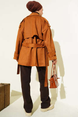 Süet Pelerinli Kuşaklı Trençkot Taba - Trençkot