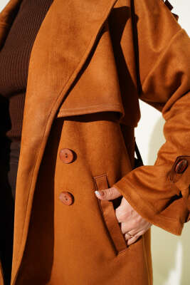 Süet Pelerinli Kuşaklı Trençkot Taba - Trençkot