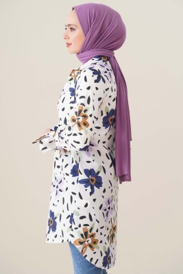 Sulu Boya Çiçek Desenli Lila Tunik - Tunik
