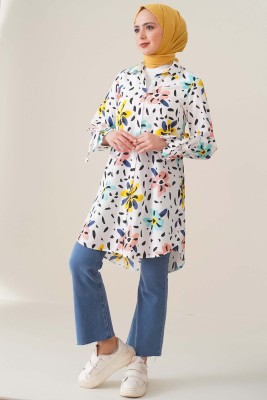 Sulu Boya Çiçek Desenli Mint Tunik - Tunik