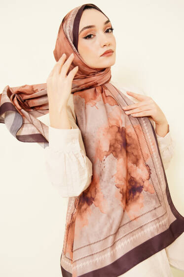 Sulu Boya Desen Soft Şal Acı Kahve - Başörtüsü