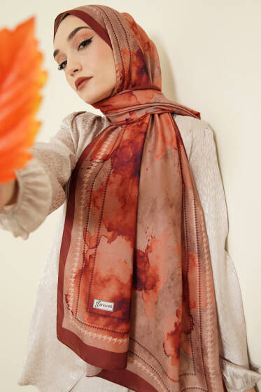 Sulu Boya Desen Soft Şal Kiremit - Başörtüsü