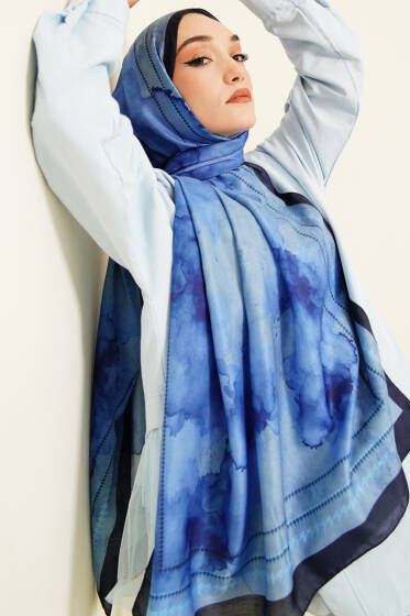Sulu Boya Desen Soft Şal Mavi - Başörtüsü