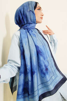 Sulu Boya Desen Soft Şal Mavi - Başörtüsü