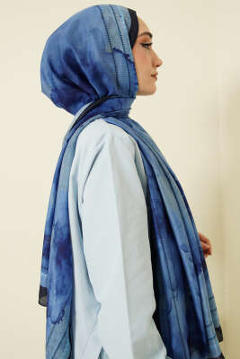 Sulu Boya Desen Soft Şal Mavi - Başörtüsü