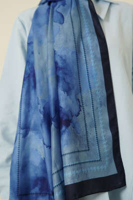 Sulu Boya Desen Soft Şal Mavi - Başörtüsü