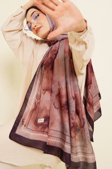 Sulu Boya Desen Soft Şal Mürdüm - Başörtüsü