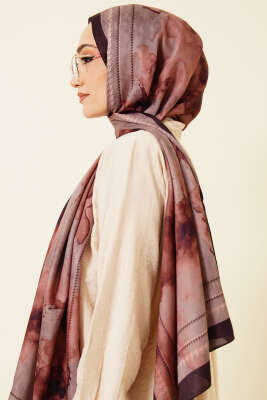 Sulu Boya Desen Soft Şal Mürdüm - Başörtüsü