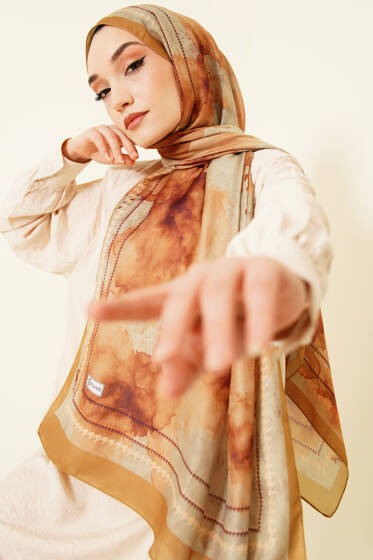 Sulu Boya Desen Soft Şal Yağ Yeşili - Başörtüsü