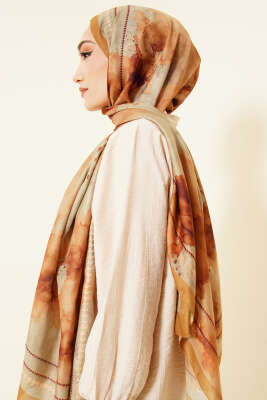 Sulu Boya Desen Soft Şal Yağ Yeşili - Başörtüsü