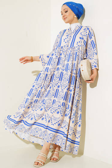 Sulu Desen Elbise Saks - Tesettür Elbise