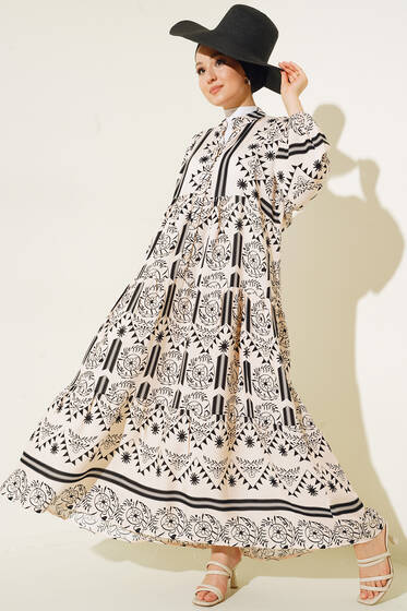 Sulu Desen Elbise Siyah - Tesettür Elbise