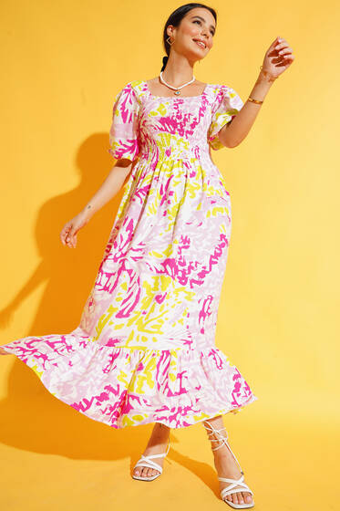 Suluboya Desenli Gipeli Elbise Pembe - Kadın Giyim Modelleri