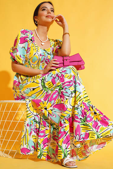 Suluboya Desenli Gipeli Elbise Sarı - Kadın Giyim Modelleri