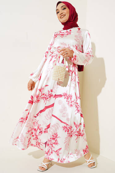 Suluboya Yaprak Desenli Kuşaklı Saten Elbise Ekru - Tesettür Elbise