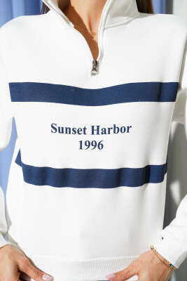 Sunset Baskılı Fermuarlı Üç İplik Sweat Lacivert - Kadın Giyim Modelleri