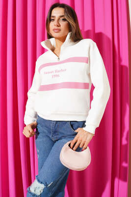 Sunset Baskılı Fermuarlı Üç İplik Sweat Pembe - Kadın Giyim Modelleri