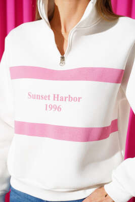 Sunset Baskılı Fermuarlı Üç İplik Sweat Pembe - Kadın Giyim Modelleri