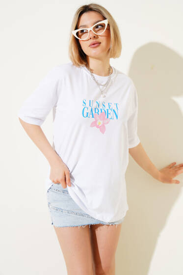 Sunset Baskılı T-shirt Beyaz - Kadın Giyim Modelleri