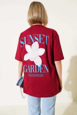 Sunset Baskılı T-shirt Bordo - Kadın Giyim Modelleri