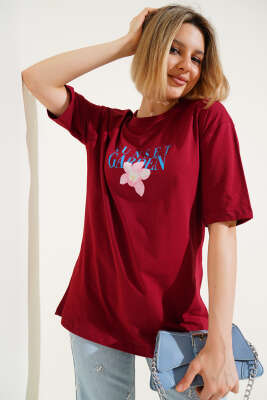 Sunset Baskılı T-shirt Bordo - Kadın Giyim Modelleri