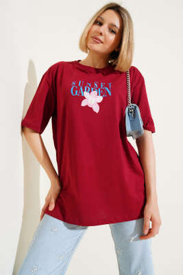 Sunset Baskılı T-shirt Bordo - Kadın Giyim Modelleri