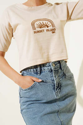 Sunset Island Crop Tshirt Bej - Crop