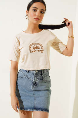 Sunset Island Crop Tshirt Bej 